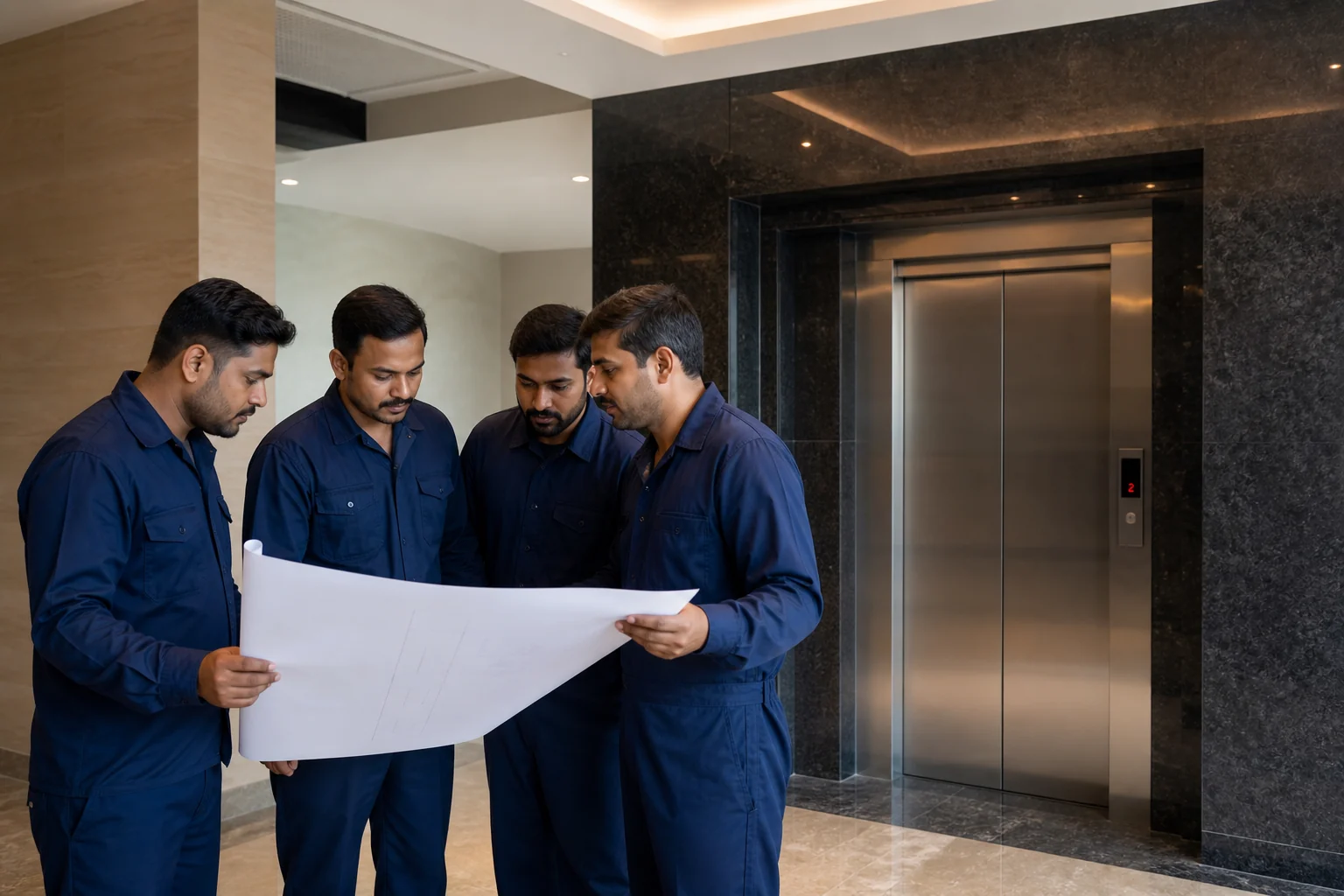 MB Elevator engineers inspecting a traction machine in a lift machine room
