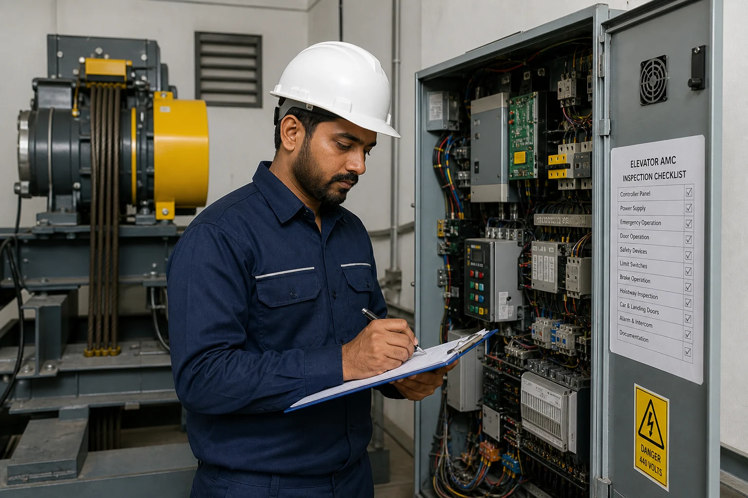 Certified MB Elevator AMC engineers working on a lift installation