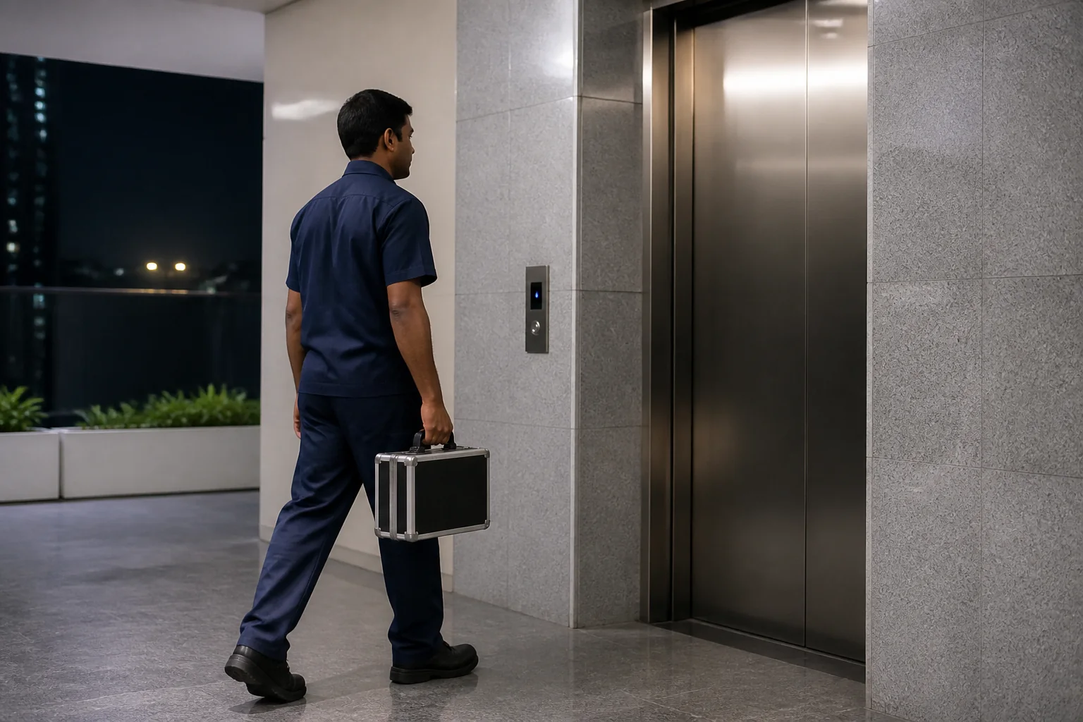 Engineer carrying out scheduled AMC maintenance on a lift