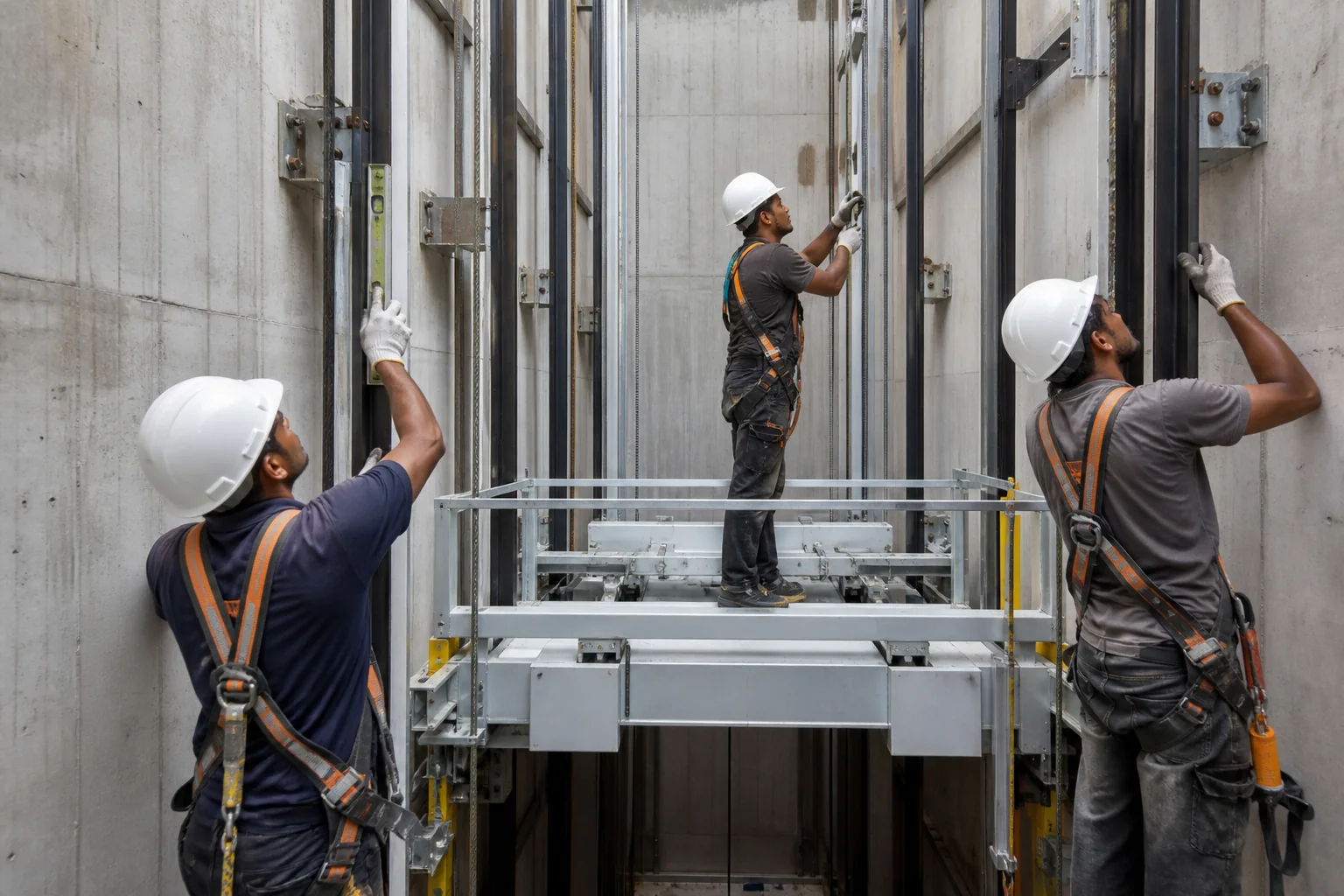 Elevator installation work in progress in a new building