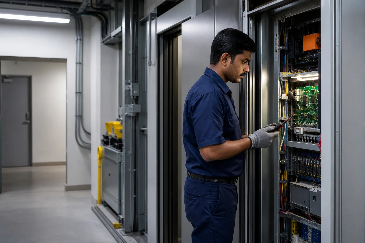 Routine elevator maintenance being carried out in a machine room