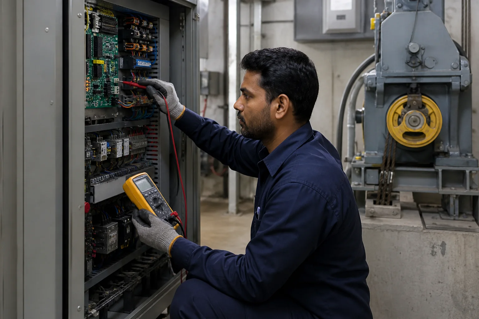 Technician diagnosing an elevator fault