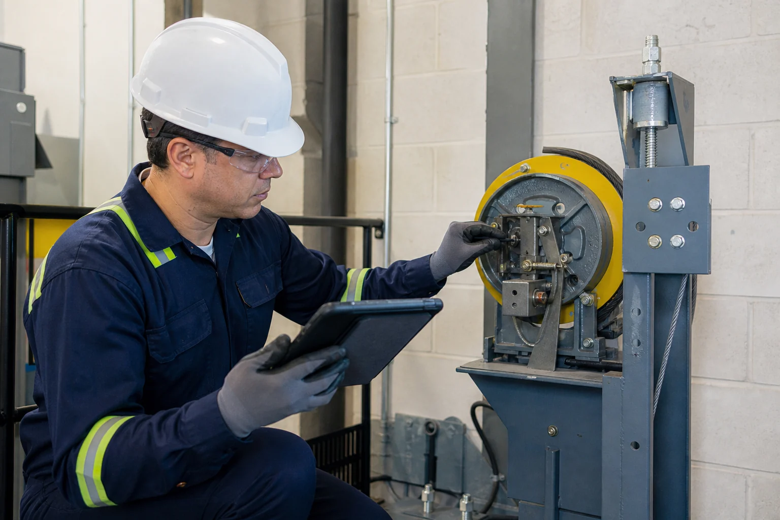 Certified engineer performing an elevator safety inspection