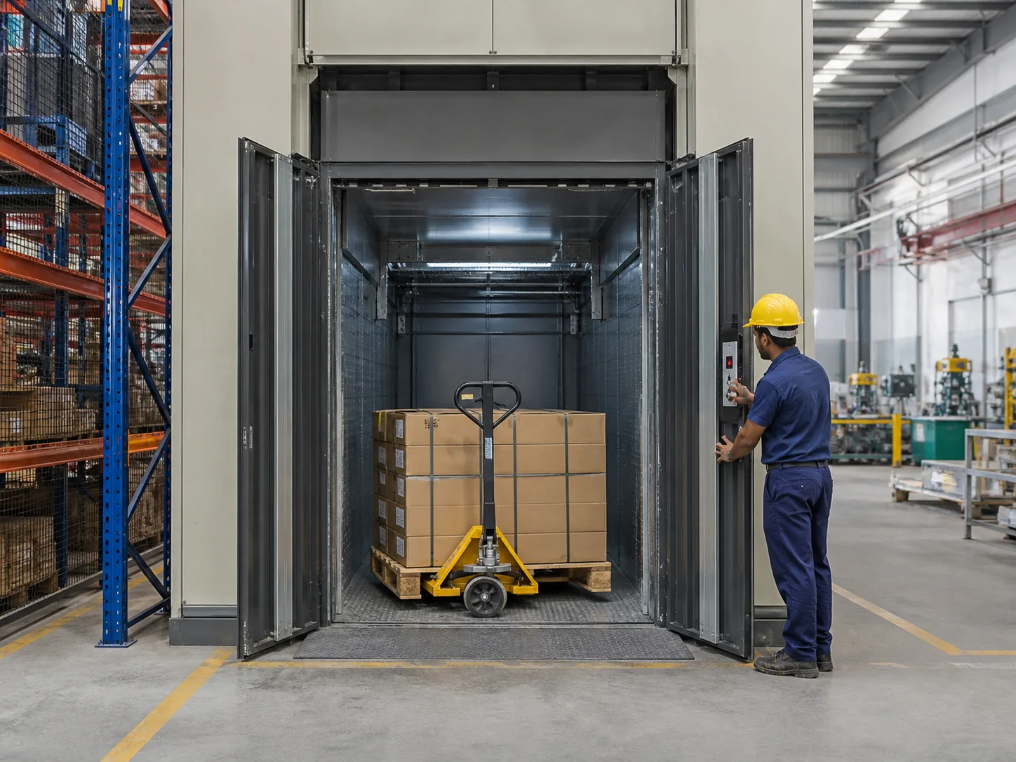 Industrial forklift loading a Class C freight elevator platform