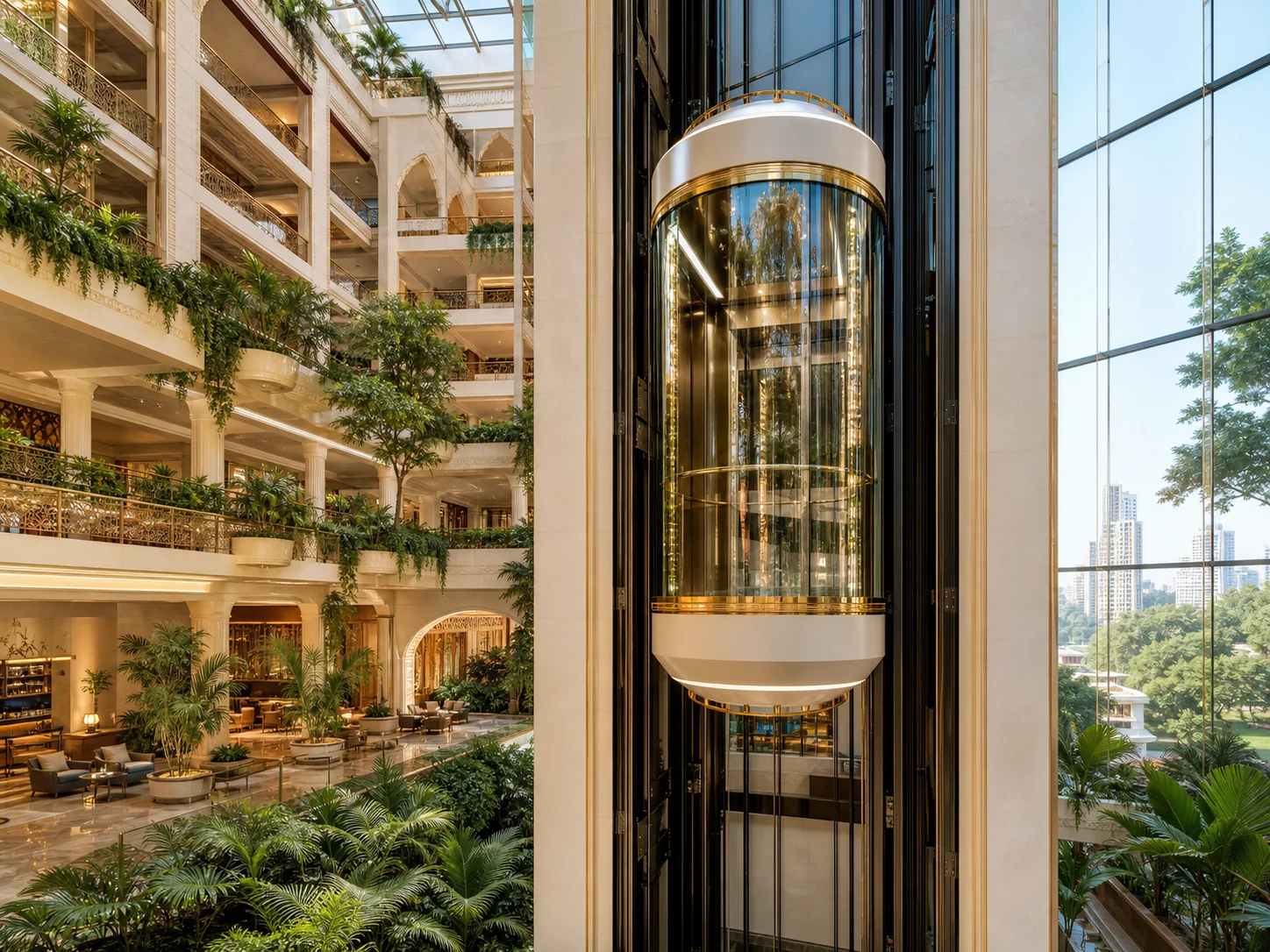 Panoramic glass capsule elevator in an atrium