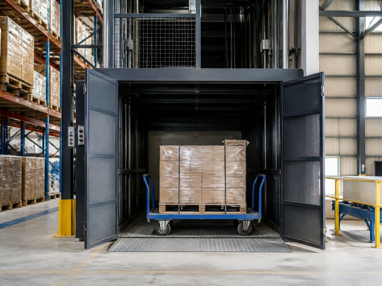 Industrial goods lift platform in a warehouse