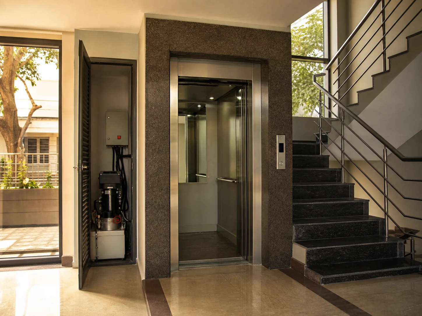 Hydraulic elevator serving a low-rise building