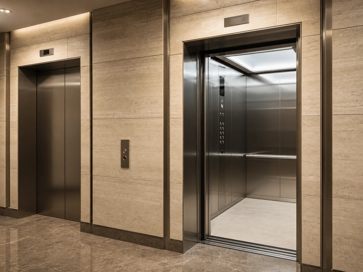 Passenger lift car in a commercial building lobby