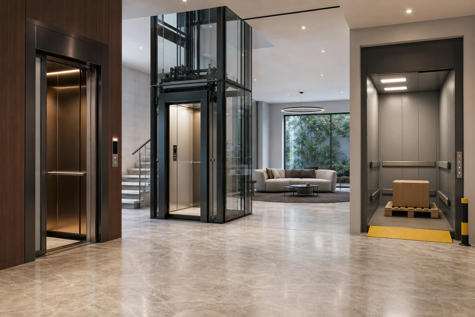 Modern passenger elevator lobby