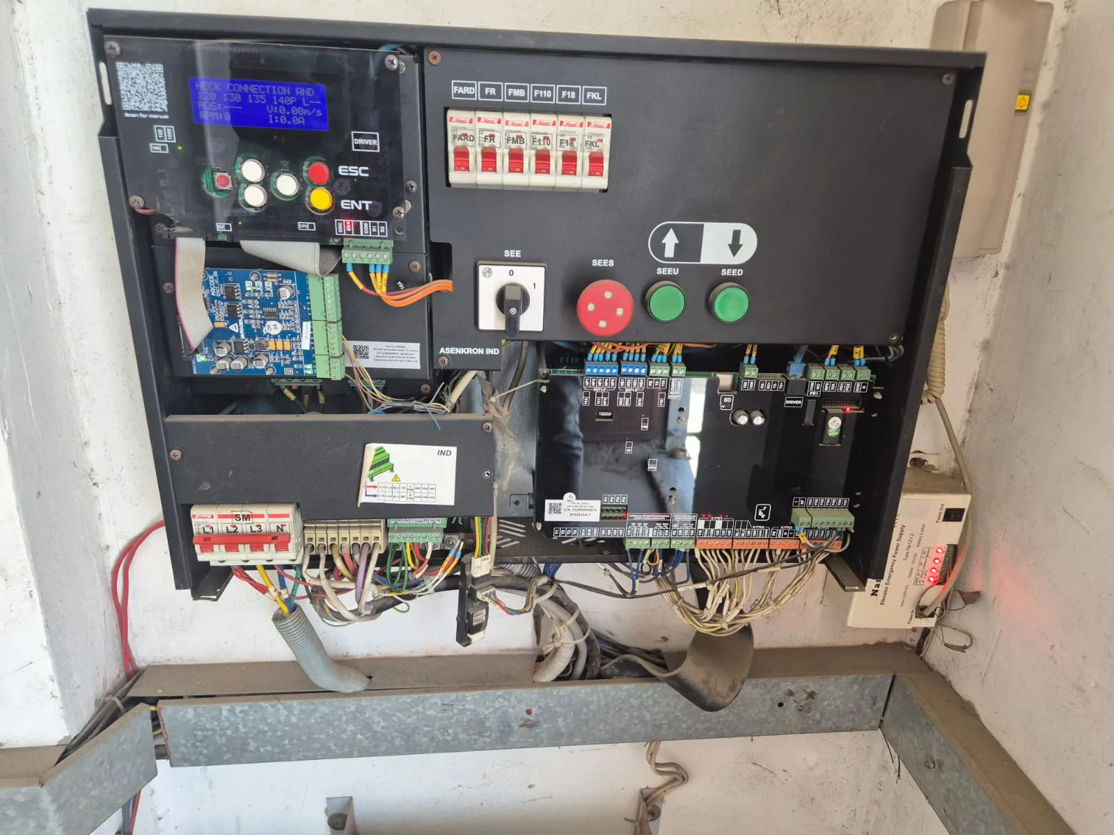 Close-up of an elevator controller and driver board wiring